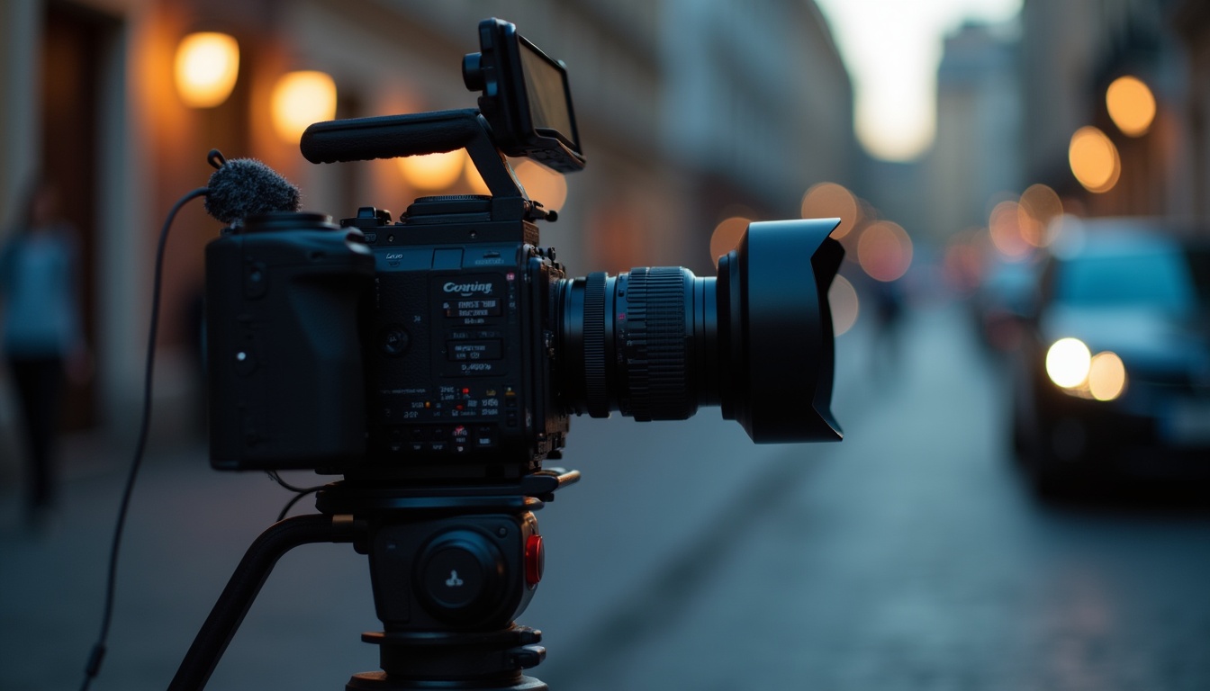 O camera de filmat profesionala pe un trepied, pregătită pentru producție.